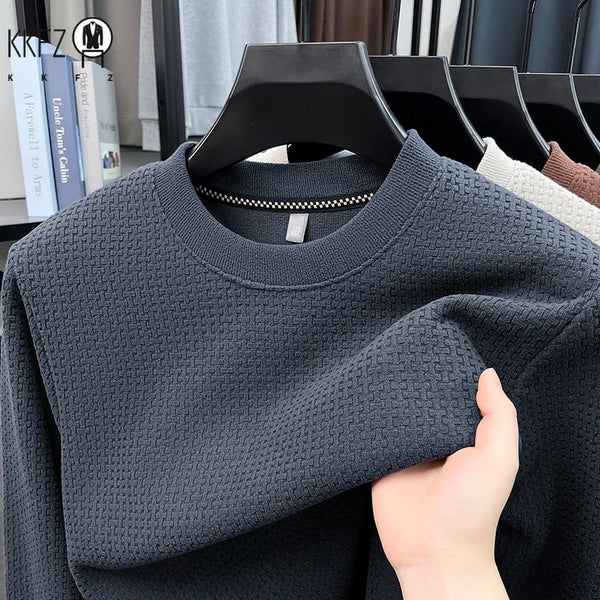 Mens Casual Stretch Long Sleeve Pullover Top Crew Neck Waffle Knit Texture Shirt Breathable Fabric Daily Wear