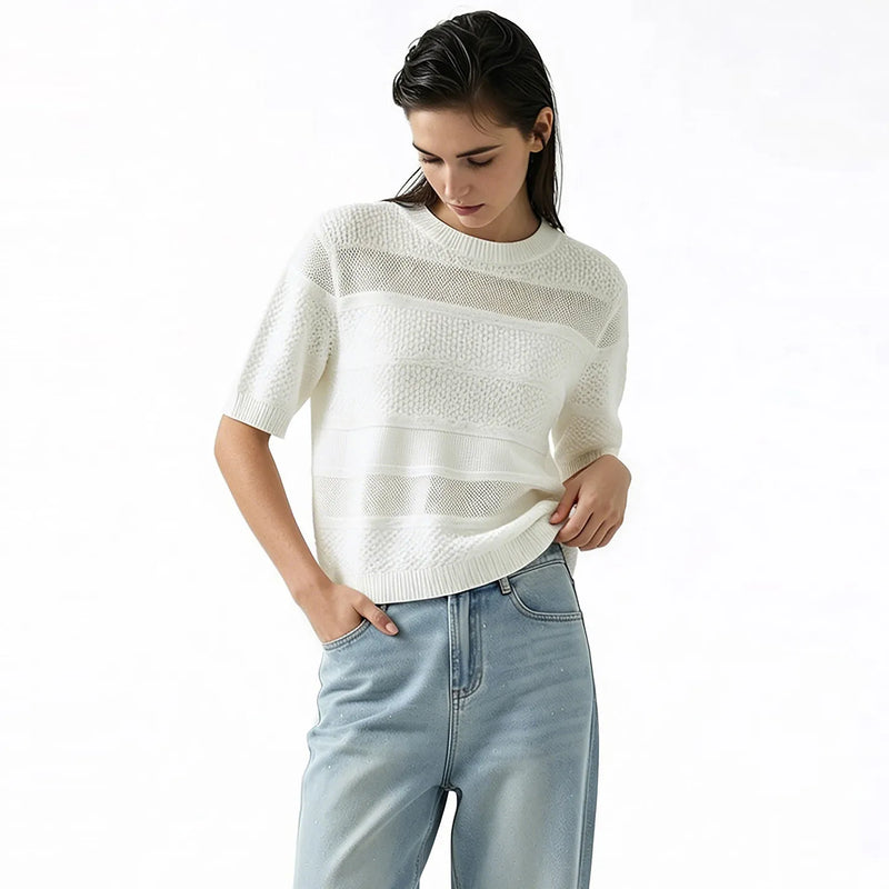 Amii Women's Sweater 2026 Summer New O-Neck Short Sleeve Loose Fit Cropped Knit Top Casual Pullover Knitwear For Women 12642094
