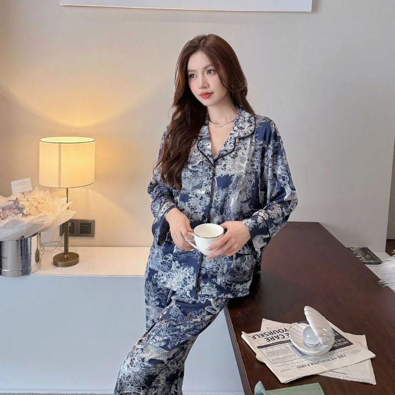 Ice Silk 2 Piece Set Pajama Sleepwear Woman Lapel Button Cardigan Night Wear Female Nightwear New Long-Sleeved Pajamas For Lady