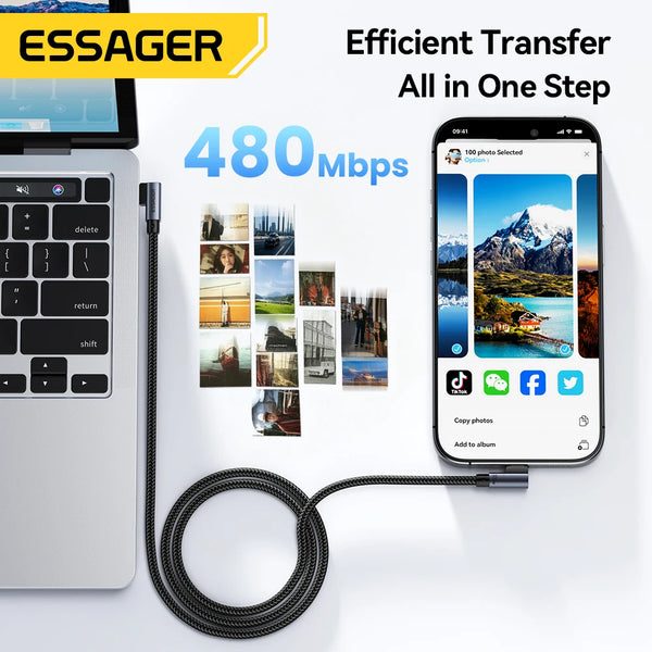 ខ្សែសាក Essager Elbow PD100W USB C ទៅ USB C សម្រាប់ iPhone 17 16 15 Pro Samsung MacBook iPad Type C ខ្សែសាកទិន្នន័យលឿន