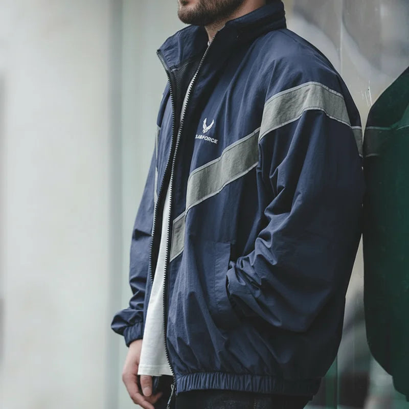 Maden Bomber Jackets For Men Vintage Training Coat Vibe Wind Reflective Hooded Quick-drying Jacket Male Blue
