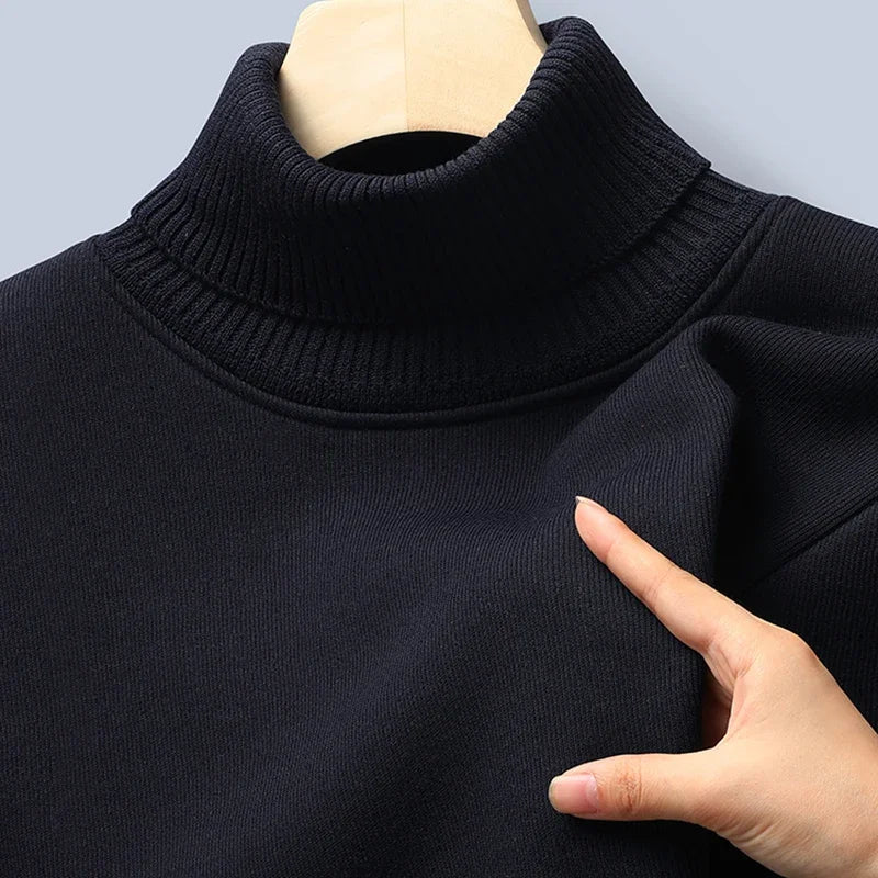 Stretch Knitted Turtleneck Top For Males Full Fleece Lining Thermal Warm Pullover Long Sleeve Casual Street Outfit