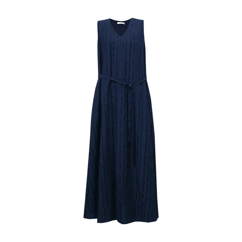 Amii Women's Casual Dresses 2026 Summer V Neck Belted Fringed Jacquard Elegant Sleeveless A-Line Midi Dress For Women 12652075