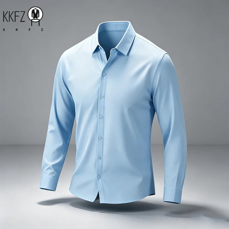 Mens Slim Fit Collared Long Sleeve Shirt Full Button Front Elastic Texture All Match Workplace Leisure Outer Garment