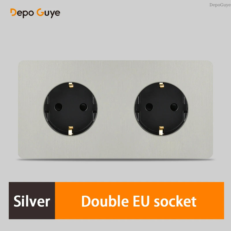 172 Type Retro Double EU French Metal Wall Power Socket Panel,Black/White Brushed Stainless Steel Antique Outlet Brass For Home