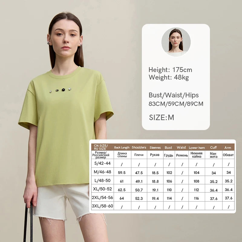 Amii Women's T-Shirt 2026 Summer New Rhinestone Cotton Short Sleeve T-shirts Women O-Neck Knit Tee Top Loose Clothing 12642019