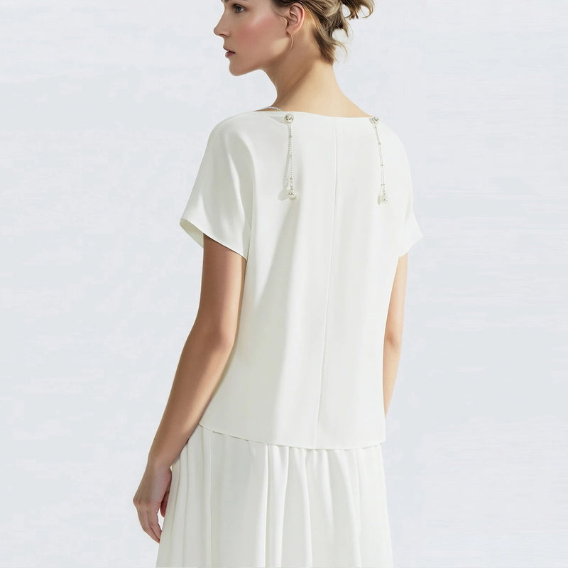 Amii Off-the-shoulder Women's Blouse 2026 Summer New Beaded Chain Chiffon Top Solid Loose Dolman Sleeve Shirt For Women 12642159