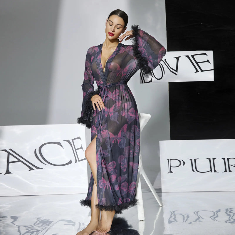 Fashion Printed Long Sleeve Bathrobe For Women Spring Summer Thin Sleepwear Robe Tide Women's Shower Robes Wedding Dress