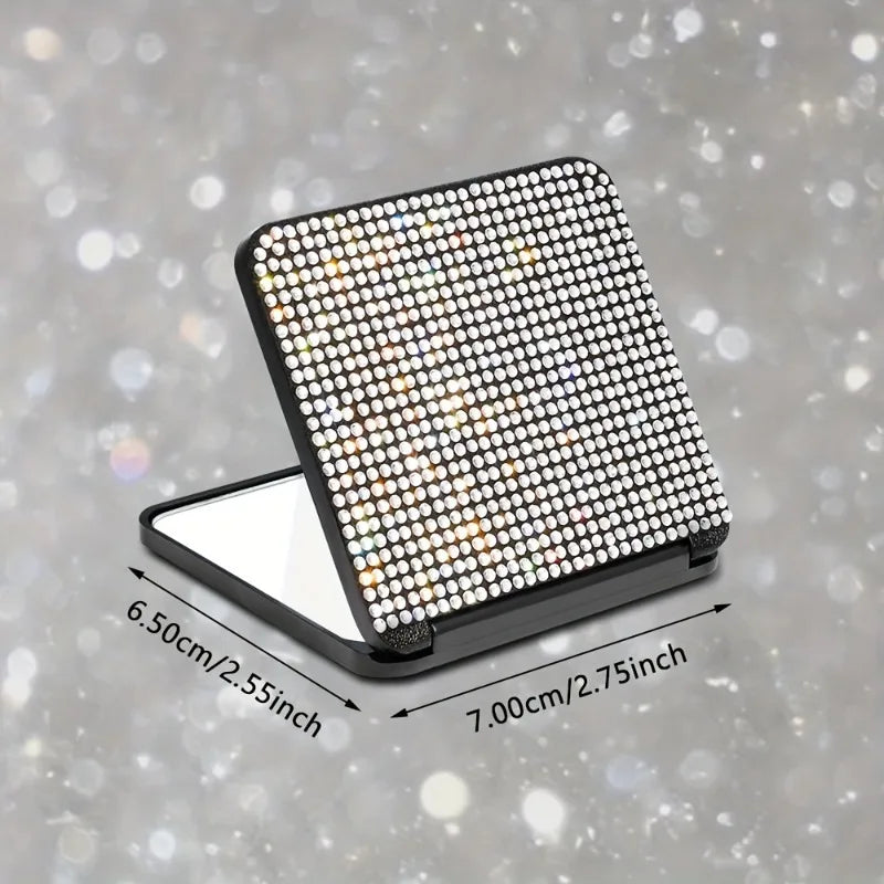 1PC Sparkling Rhinestone Portable Folding Makeup Mirror - Dual-Sided Square Design for Purses & Handbags, Make Up Mirror