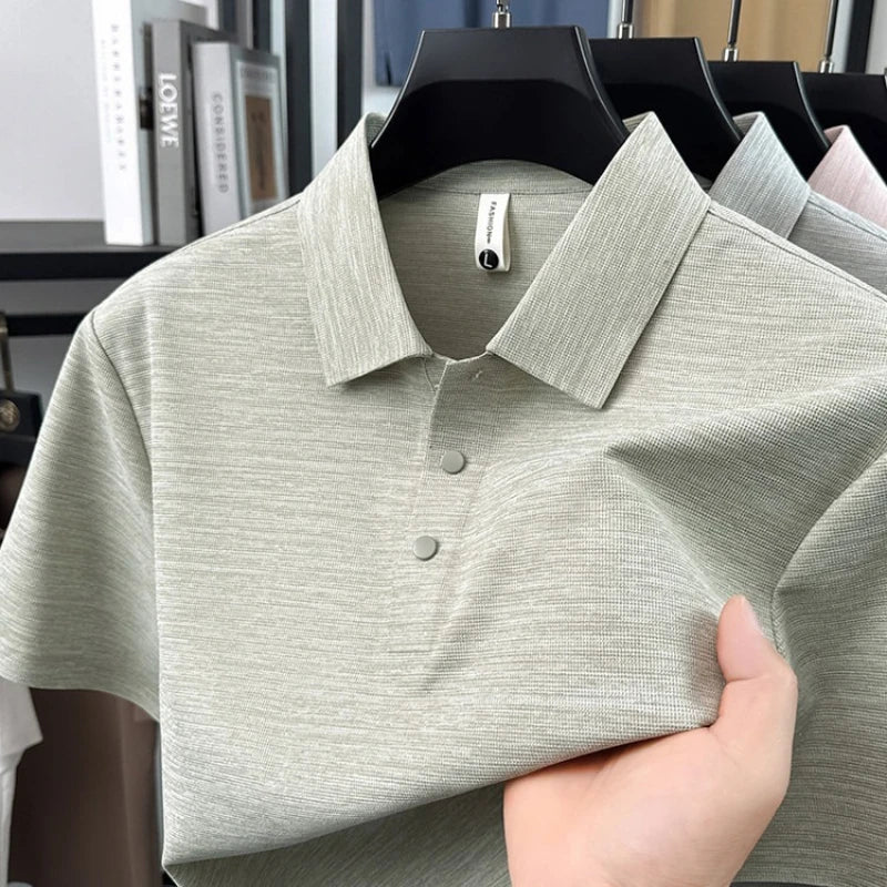 Seamless Color Cotton Polo Shirt Men Flat Knit Business Casual Short Sleeve, Breathable Quick-Dry Tee