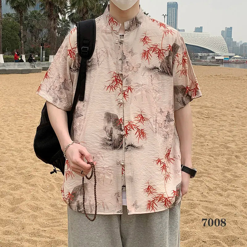 2026 Chinese Style Men's Short Sleeve Shirt with Chinese Characters Decorations and Asian Size Single Button Beach Casual Top