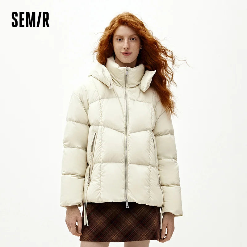 Semir Women Down Jacket 90 Percent Down Fill Hooded Design Loose Fit Mid Length Solid Color Warm Insulation 2026 Winter