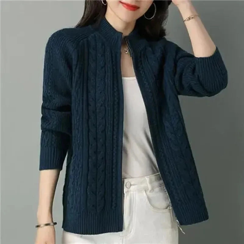 Half High Collar Zipper Knitted Cardigan Jacket Women Autumn Winter New Solid Color Long Sleeve Cardigans Thicken Sweater Coat