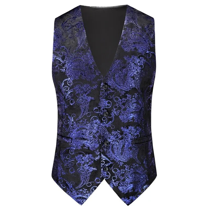 Men's Gold Printed Sleeveless Suit Vest, Red Single Breasted V-Neck Waistcoat, Wedding Party Vests, Asian Size M-6XL