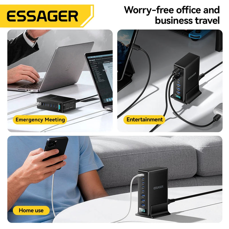 ឆ្នាំងសាក Essager 380W GaN 8 in 1 ជើងទ្រសាកថ្មលឿនសម្រាប់កុំព្យូទ័រយួរដៃលើតុ iPhone 17 16 15 Pro Max Macbook Air Xiaomi Samsung ថេប្លេត