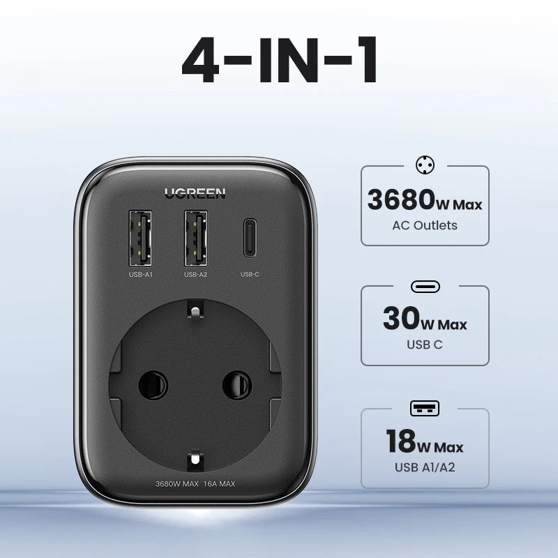 UGREEN 30W GaN PD Charger with AC Outlets Wall Socket USB Charging Socket Fast Power Strip for iPhone 17 16 Xiaomi Android Phone