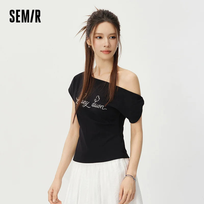 Semir Womens Tshirt 2026 Short Letter Oblique Shoulder Slim Sweet Cool Casual Fashion