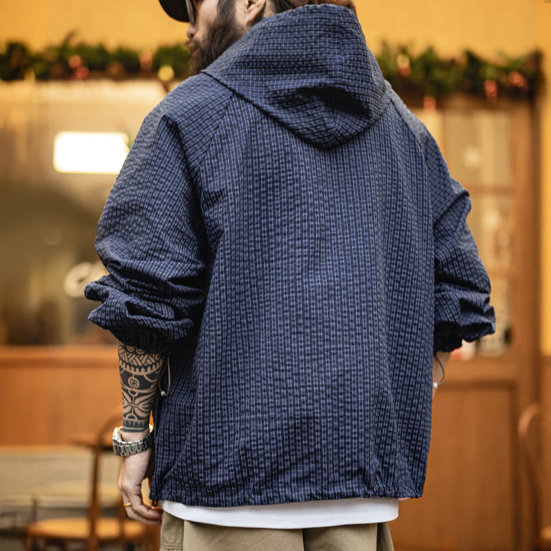 Maden Men's Textured Seersucker Half Zip Hoodie Lightweight Outdoor Pullover Jacket Casual Streetwear Blue Spring Sweatshirt