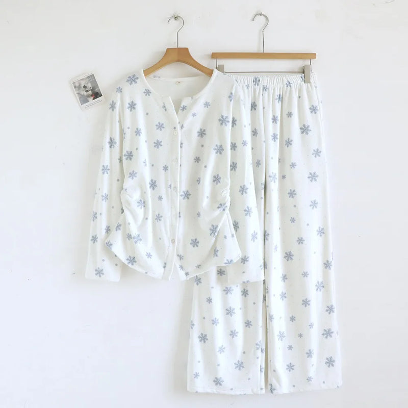 Warm Women's Pajamas Soft Pijamas Set for Women Home Suit Autumn Winter Printed Sleepwear Casual Two-piece Trousers Homewear