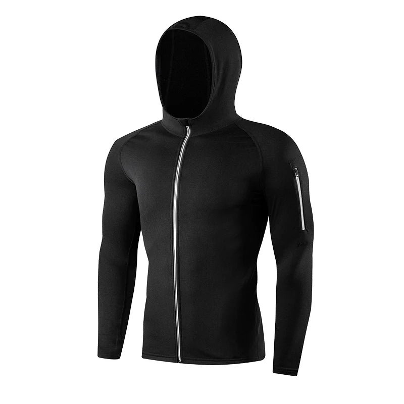 Men's Spring Fall Tight Compression Hooded Jacket Sports Hoodie for Fitness Jogging Running Outdoor Casual Wear, Black Grey Blue