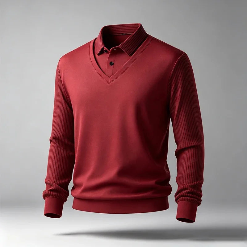Men Fake Two Piece Long Sleeve Top V Neck Ribbed Sleeve Shirt Collar For Business Office Daily Commute Casual Outfits