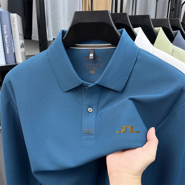 100% Cotton Men Long-Sleeve Polo Shirt Lapel Button Exquisite Pattern Printing Autumn Winter New Business Casual Men's Clothing