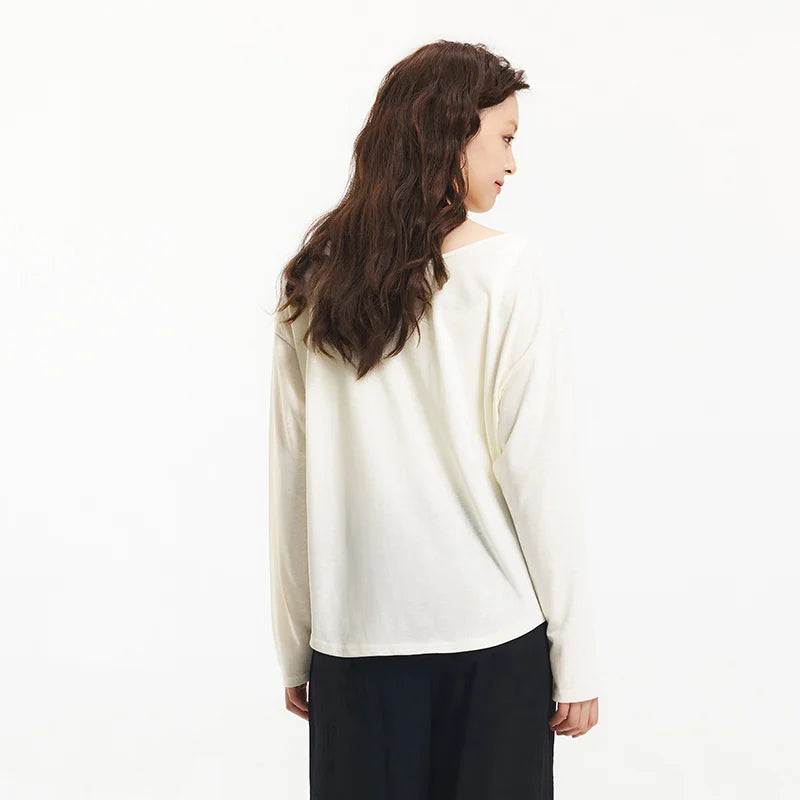 Semir Long Sleeve T-Shirt Women U Neck Solid Color Cardigan Minimalist Elegant 2025 New Summer Loose Top Gentle for Daily Wear