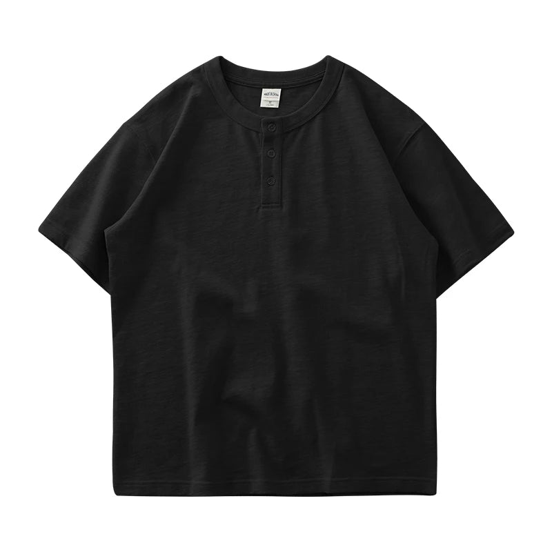Dukeen 320g Heavyweight Henley Shirt for Men Short Sleeved Summer 100% Cotton Oversized White T Shirt Man Clothing