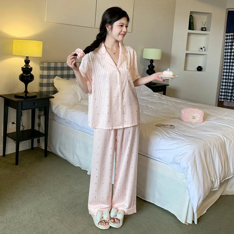 2PCS/Set Summer Pyjamas Woman Pajamas Elegant Short Sleeve and Long Pants Sleepwear Women's Nightie Homewear Home Nightwear
