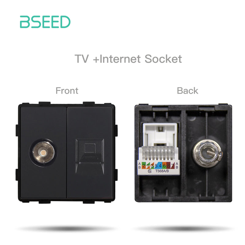 BSEED EU Wall Glass Panel With Double Internet Socket CAT5 RJ45 ST TV USB Function Parts Power Socket DIY Free Combination
