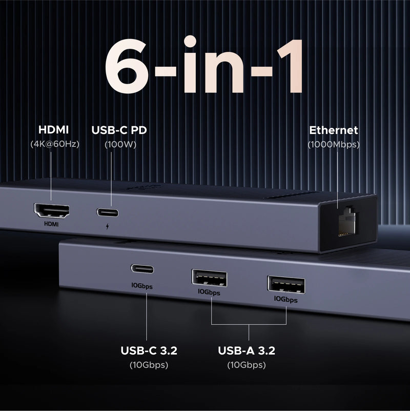 UGREEN 6 in 1 USB C HUB Gigabit Ethernet Adapter with 4K60Hz HDMI PD100W Charging 10Gbps USB A&C 3.2 Data Ports for Laptop iPad
