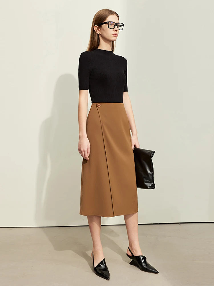 សំពត់ស្ត្រី AMII Minimalism ឆ្នាំ ២០២៤ រដូវស្លឹកឈើជ្រុះថ្មី Asymmetric Lap Piece A-line Solid Trendy Commuter Mid-Calf Skirt សម្រាប់ស្ត្រី 12421040