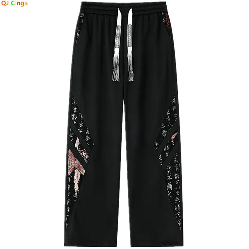 Men's Black Pants with A Chinese-inspired Design; Beige Drawstring Casual Trousers with An Elastic Waistband.