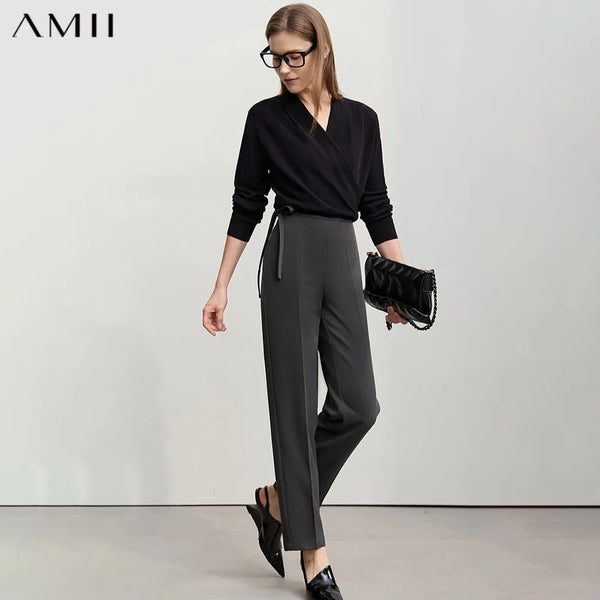 Amii Women's Autumn Pants 2026 New Solid Color Commuter Lace-up Tapered Pants Versatile Casual Trousers for Ladies 12621044