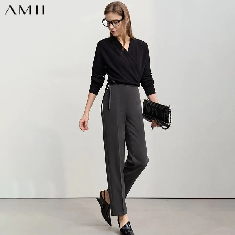 Amii Women's Autumn Pants 2026 New Solid Color Commuter Lace-up Tapered Pants Versatile Casual Trousers for Ladies 12621044