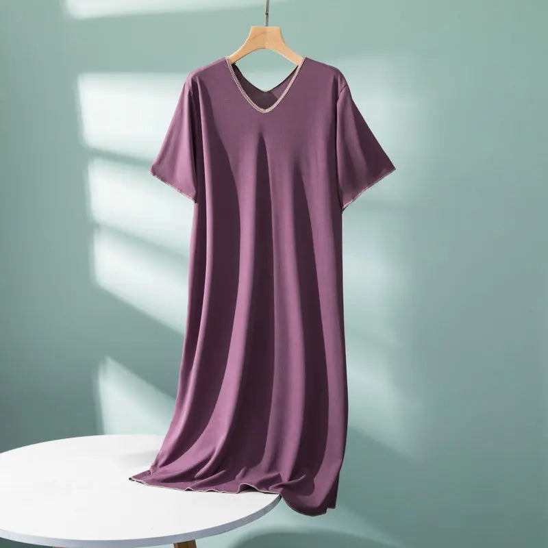 2026 New Modal Double V-Neck Nightdress Women's Large Size Housewear Short Sleeve Long Dress Casual Ladies Sleepwear Nightgowns