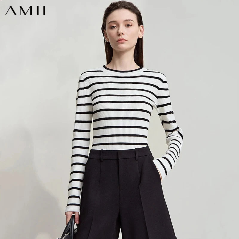 AMII Minimalism Women's Sweater 2026 Autumn New Office O-Neck Pullovers Knitt Sweaters Long Sleeves Women's Strip Tops 12523134