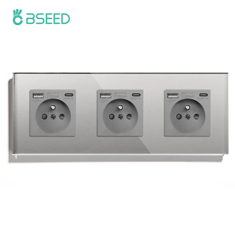 BSEED French Standard Single Wall Power Sockets Double France USB Type-C Port Outlet Crystal Glass Panel Children Protection 16A