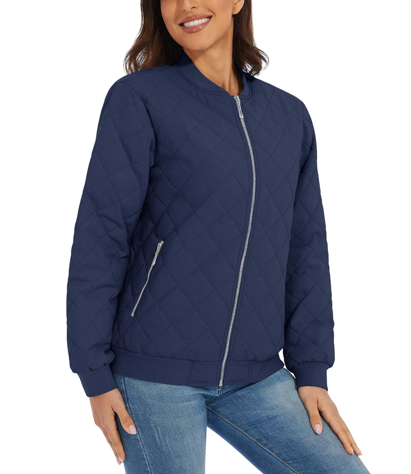 TACVASEN Women Casual Warm Diamond Quilted Jackets Jackets Full Zip Padded Classic Biker Jacket Winter Coats Streetwear Outwear