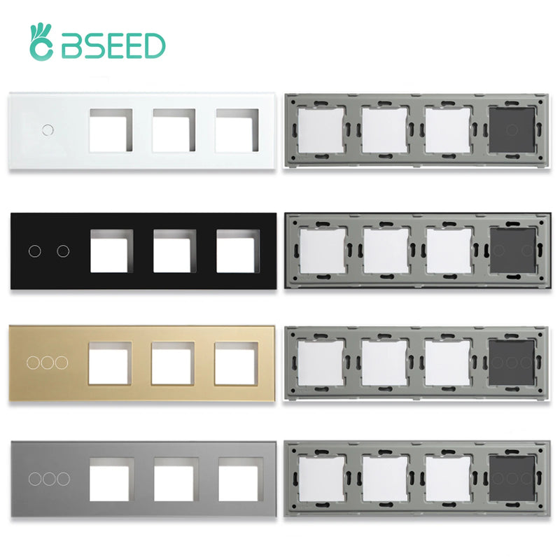 BSEED M1 Series EU Standard Wall Glass Panel Quadruple 1/2/3Gang Plus Frame Touch Switch Crystal Panel With Metal Frame DIY Part