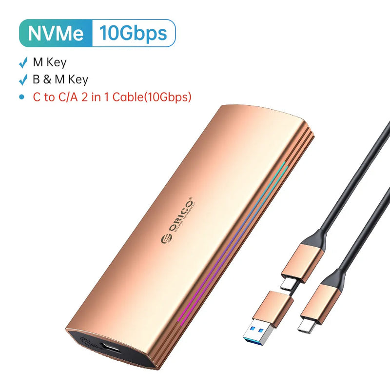 ORICO RGB 10Gbps M2 NVMe SSD Enclosure Aluminum USB3.1 Gen2 Case for M Key M&B Key Solid State Drive for Gamer Video Editing