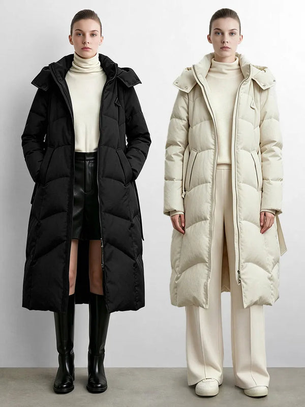 Amii Hooded Long Down Jacket with Belt Oversized Warm Slimming Commuter Minimalist Women Thickened Winter Jackets 2644039