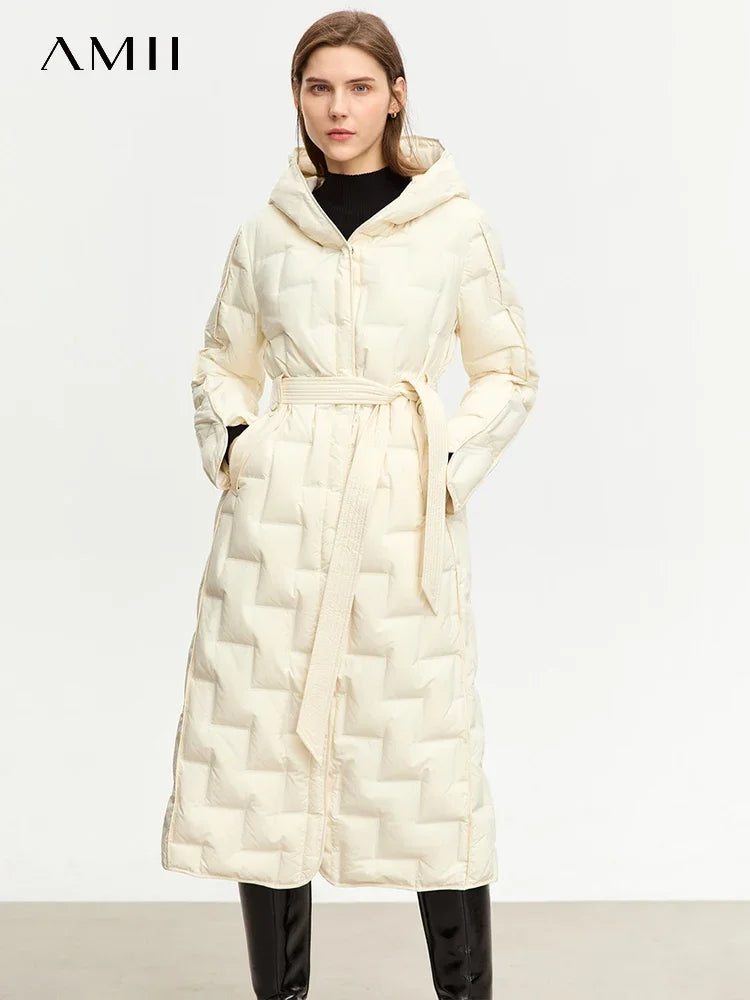 AMII Minimalist Duck Down Jacket For Women New 2026 Winter Solid Long Thick Warm Hooded Coat With Belt Trendy Outerwear 12324013
