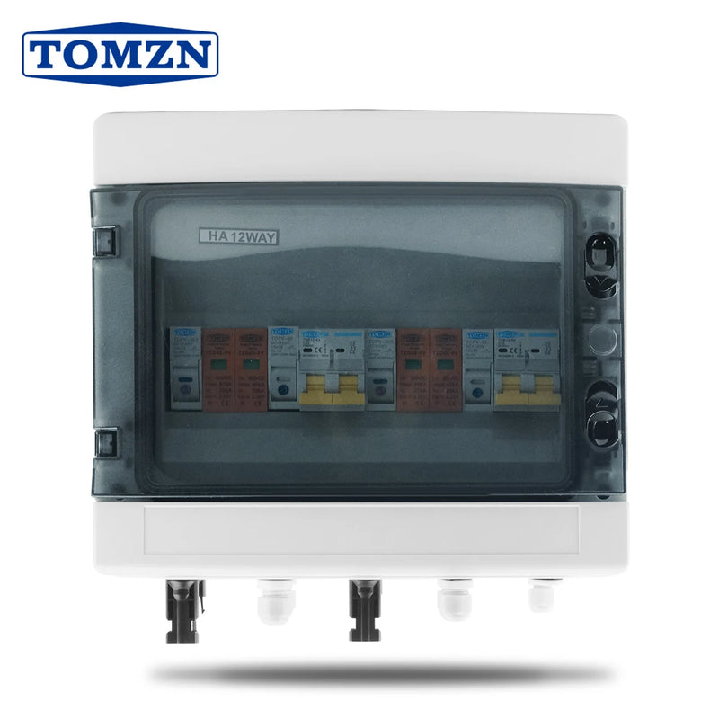 TOMZN Solar Photovoltaic PV Combiner Box With Lightning Protection 2 Input 2 Out DC 600V Fuse MCB SPD Waterproof Box IP65 12ways