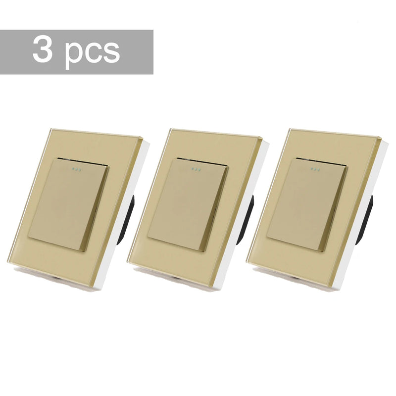 BSEED EU Standard 3 Packs Wall Button Switches 1Gang 2/3Way Intermediate Switch Glass Panel Mechanical Switches Cross Switch