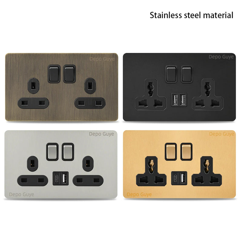 146 Type Retro Metal Panel UK 13A Wall Socket,Bronzed Stainless Steel Power Universal 3-pin Dual Power Socket With USB C charge