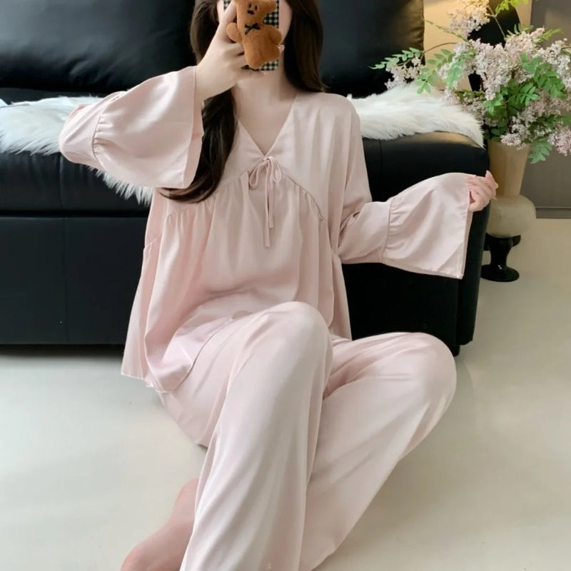 Thin Long Sleeve Pajamas V-neck Silk Pyjama Women's 2-piece Sets Spring Autumn Nightwear Female Sleep Elegant Sleepwear Pijama
