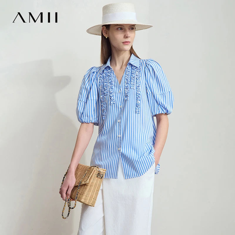 អាវ Amii Minimalist ស្ទីលរដូវក្តៅថ្មីឆ្នាំ ២០២៥ សម្រាប់ស្ត្រី កអាវបត់ចុះក្រោម ក V ដៃអាវពណ៌ខៀវ ស ឆ្នូត 12542087