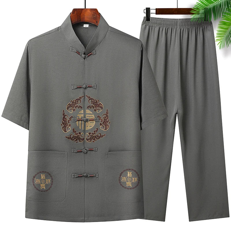 Chinese-style Men's Stand-collar Two-piece Set: A Summer Short-sleeve Shirt Paired with Cropped Pants. Red,Blue,Green,Khaki,Gray