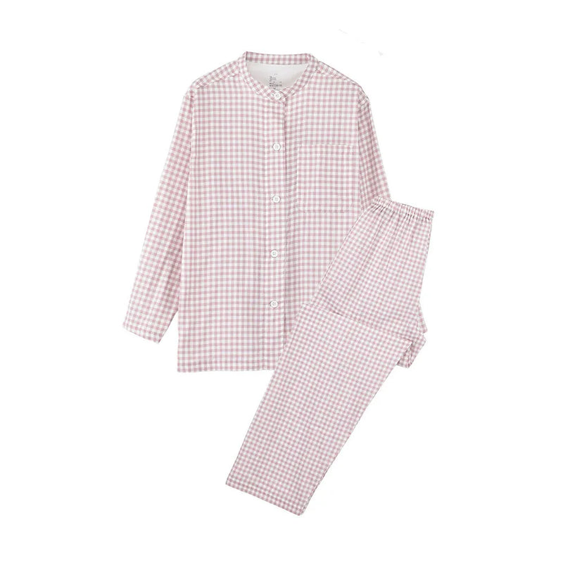 Japanese Spring Autumn Women's Pajamas Set Casual Plaid 100% Cotton Long Sleeve Sleepwear Pyjamas Female Lounge Night Suit